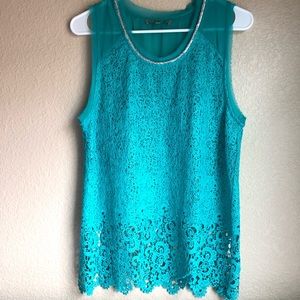 Miss me turquoise/aqua lace/beaded neck tank top